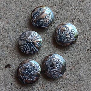 Set of 5 Sterling Silver top button covers Southwestern designs 3/4" diameter.